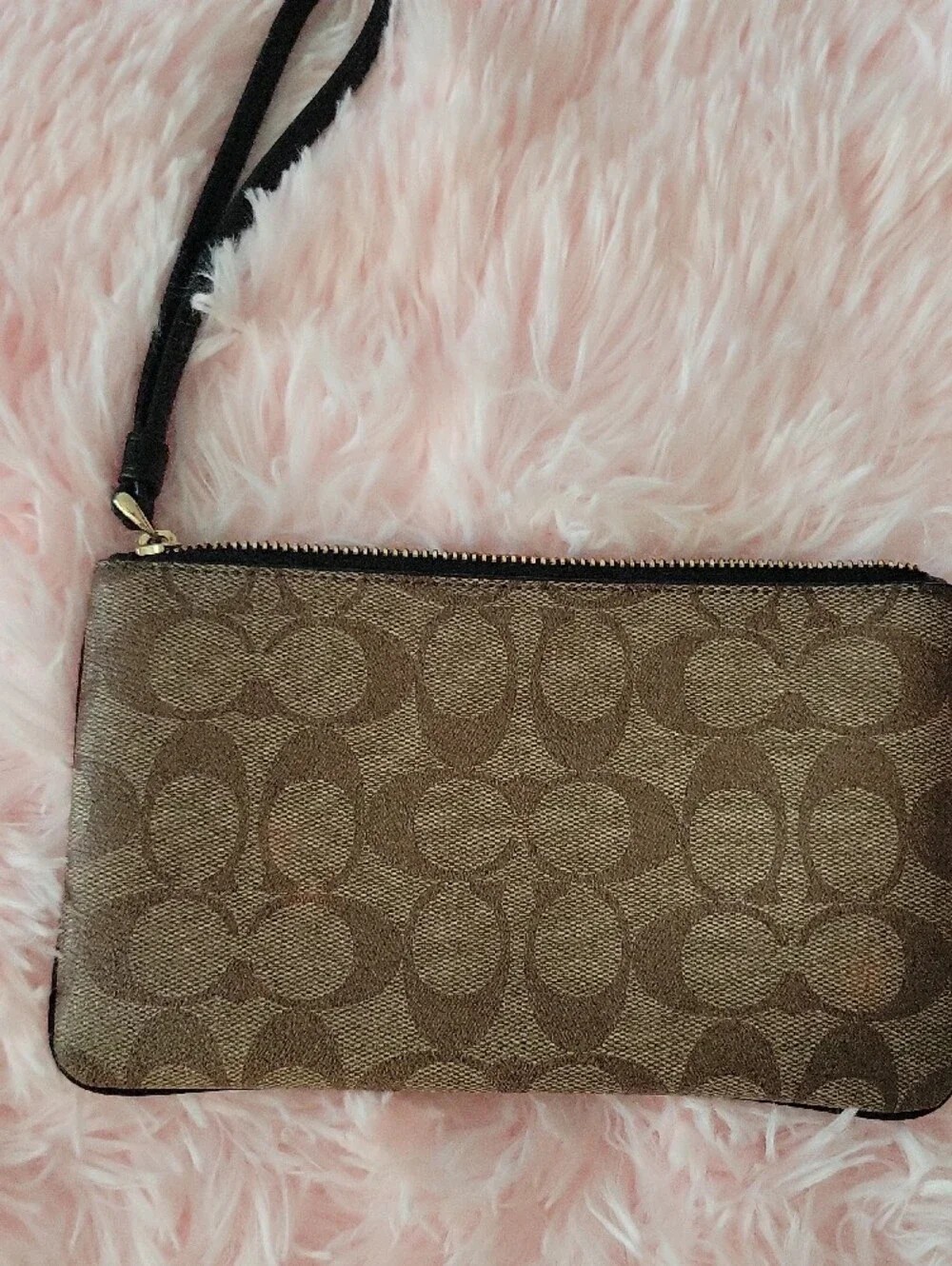 Large Coach Brown Signature Logo Wristlet with Black Strap